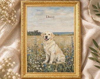 May include: A rectangular portrait print in a decorative gold frame featuring a painting of a golden retriever sitting in a field of wildflowers under a blue sky. The name Daisy is printed in dark brown text above the dog's head in the centre.