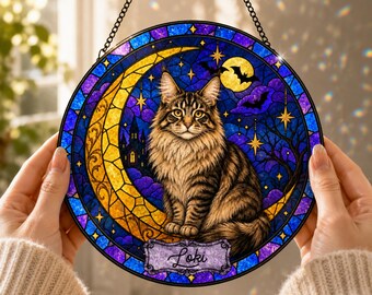 Personalized Cat Suncatcher, Custom Maine Coon Portrait, Moon Stained Glass Window Hanging, Halloween Cat Decor, Celestial Pet Lover Gift