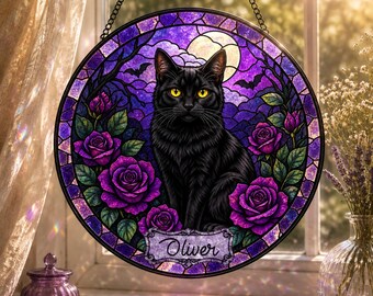 Personalized Black Cat Suncatcher, Custom Pet Portrait, Purple Rose Stained Glass, Halloween Window Hanging, Gothic Cat Lover Gift