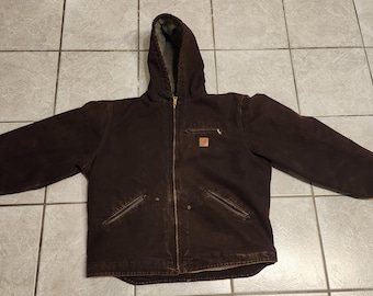 Carhartt Jacket Mens Extra Large Brown Duck Canvas Hooded Sherpa Lined J141 DKB