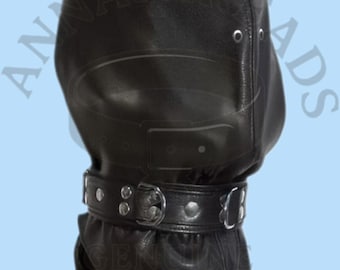 Maschera con cappuccio in vera pelle: copricapo gotico punk, accessorio cosplay unisex regolabile.