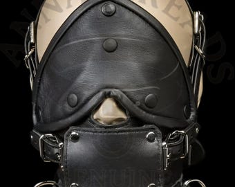 Maschera con cappuccio in vera pelle con apertura per il naso, imbracatura per la testa regolabile per bondage, accessorio fetish, costume unisex per adulti.