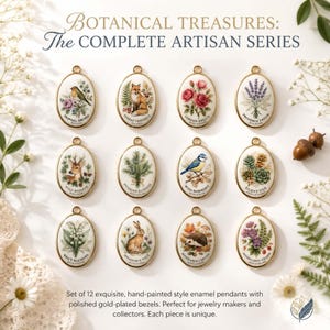 May include: A set of twelve oval enamel pendants with gold-plated bezels, each featuring a unique botanical or animal illustration. The collection includes images of a bird, fox, roses, lavender, deer, pine, blue tit, succulents, lily of the valley, rabbit, hedgehog, and wildflowers.