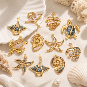 2Pcs Ocean Animal Pendant Charms | Gold Enamel Sea Turtle Starfish Shell Jewelry | Coastal Necklace Pendant | DIY Jewelry Making Supplies
