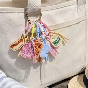 Cute Pastel Food Snack Keychain, Acrylic Bag Charm with Colored Carabiner & Rope, Mini Cartoon Treat Pendant for Purse Backpack Decor