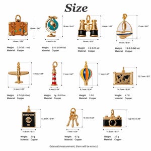 May include: A collection of eleven travel-themed copper charms including a suitcase, globe, binoculars, sailboat, airplane, lighthouse, hot air balloon, map, passport, keys, and camera, each with labeled dimensions in mm and inches and weight in grams and ounces.