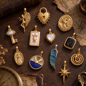 Puede incluir: Una colección de colgantes de metal dorado con varios diseños, incluyendo un ángel, un candado en forma de corazón, una llave con piedra lunar, un dije rectangular de nácar con tres espadas, una estrella, una serpiente y un ala azul.