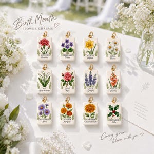 Puede incluir: Doce dijes rectangulares blancos con ilustraciones botánicas coloridas que representan cada mes del año. Cada dije muestra una flor de nacimiento específica y su nombre, desde enero con el clavel hasta diciembre con el acebo.