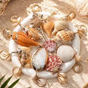 May include: A collection of keychains featuring various natural seashells, including spiral, conch, and scallop shapes. Each shell is accented with gold-toned metal hardware and small cowrie shell charms attached to circular metal rings.