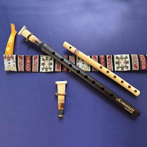 Puede incluir: Dos flautas duduk, una negra y otra de madera natural, con una caña y una funda estampada. La flauta negra tiene el texto "Armenian DUDUK". Las flautas están sobre un fondo azul.