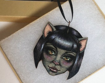 Little Miss Bastet - watercolor on wood