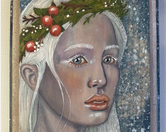 The Snow Maiden-original watercolor on wood