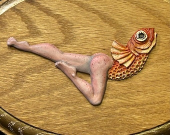 Mounted Mermaid Art #2, Hand-Painted Resin Sculpture on Oak