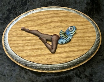 Mounted Mermaid Art: Hand-Painted Resin Mermaid on Oak