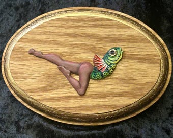 Mounted Mermaid Art: Hand-Painted Resin, Oak Base