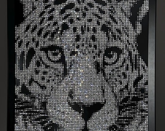 送料無料 絵 クリスタルビジュー ラインストーン 160 ヒョウ キラキラ 高級ヒョウ絵画：ラインストーンクリスタルで飾られた野生動物の壁
