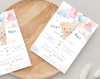 Editable Cute Bear Gender Reveal Invitation, Baby Shower Invite, Pink and Blue Balloons
