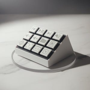 Könnte beinhalten: Ein weißes, abgewinkeltes Bedienfeld mit 12 grauen Tasten, die jeweils ein anderes Symbol anzeigen. Die Symbole umfassen Wiedergabe-, Pausen-, Lautstärke- und Ordnersymbole. Das Panel steht auf einer transparenten, kreisförmigen Basis.