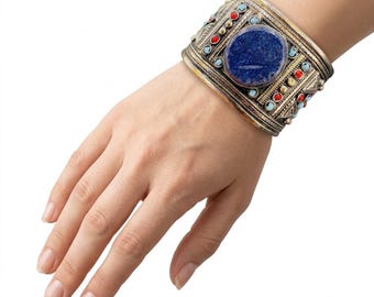 Handmade Afghani Kuchi Lapis Lazuli Cuff Bracelet – Tribal Boho Jewelry Gift