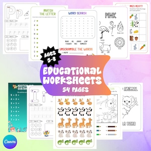 May include: A collection of educational worksheets for children aged 5-8, featuring 54 pages of activities. The worksheets include letter matching, word searches, addition, subtraction, and coloring pages with animal themes. The cover displays the text "Educational Worksheets".