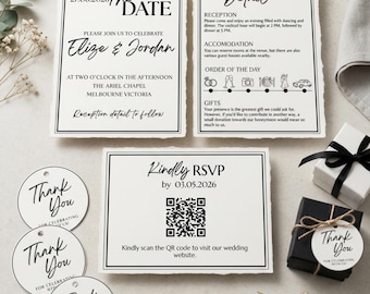Conjunto de convites de casamento formais, minimalistas em preto e branco, editáveis, para download digital instantâneo.
