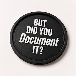Könnte beinhalten: Ein runder, schwarzer Untersetzer mit dem weißen Text "BUT DID YOU DOCUMENT IT?". Der Text ist in einer fetten, serifenlosen Schriftart gehalten. Der Untersetzer hat einen erhöhten Rand und eine strukturierte Oberfläche.