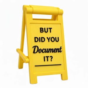 May include: A yellow A-frame sign with black text reading "BUT DID YOU Document IT?". The sign is designed to stand independently and has a handle at the top. The sign is a humorous take on documentation.
