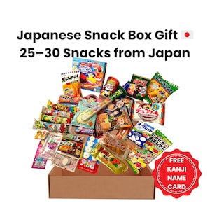 Japońskie pudełko na przekąski – 25–30 smakołyków Dagashi z Japonii | Zabawne pudełko na słodycze z darmową kartą z imieniem w kanji