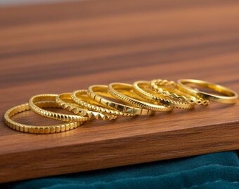 9 anillos apilables de latón y plata de ley 925, anillo fino y delicado de oro, anillo apilable y delicado para ella, anillo minimalista para uso diario.
