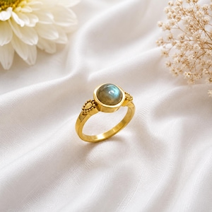 Blue Gemstone Ring, Round Blue Stone Ring, Gold Tone Statement Ring, Boho Vintage Ring, Dainty Jewelry, Unique Gift for Her, Statement Piece