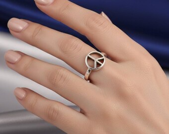 Peace-Zeichen Ring, Sterling Silber Peace Symbol Ring, handgemachter Boho Ring, Unisex Silber Ring, Retro Hippie Schmuck, verstellbarer minimalistischer Ring