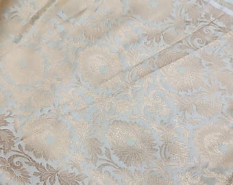 Tela de brocado floral azul claro y dorado, material para vestidos de novia indios
