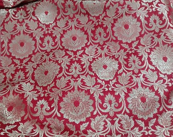 Tela de brocado de seda roja y dorada, estampado floral paisley indio, vestido de novia, por metro.
