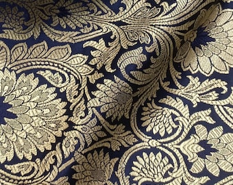 Tela de brocado de seda negra y dorada, material para vestidos de novia indios.