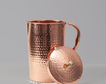 Jarra de agua de cobre 100% puro de 1500 ml con vasos de cobre de 250 ml, jarra de cobre ayurvédica, diseño liso o con acabado martillado, estilo ayurvédico americano.