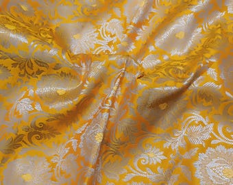 Tela de brocado de seda floral color oro amarillo, para vestidos de novia indios, por metro.