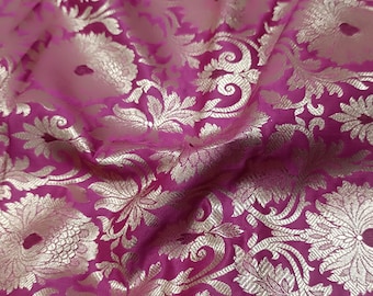 Tela de brocado de seda rosa y dorada, material para vestido de novia floral indio.