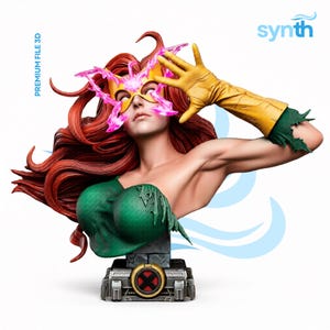 May include: A bust of a female character with red hair, wearing a green top and a yellow glove. The character has a mask with pink and yellow accents. The base of the bust has the X-Men logo. The image has the text "PREMIUM FILE 3D" and the word "synth".