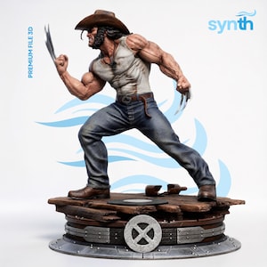 May include: A detailed 3D-printed figurine of a muscular character in a white tank top, blue jeans, and a brown cowboy hat, wielding metal claws. The figure stands on a wooden base with a metal emblem. The text "PREMIUM FILE 3D" is visible.
