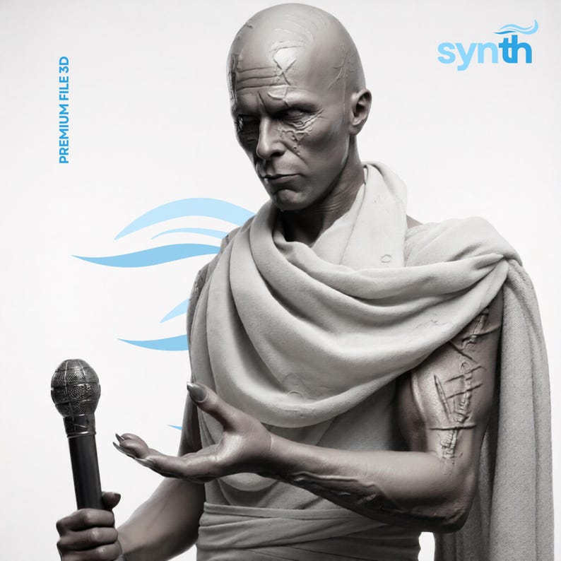 May include: A 3D render of a bald figure with detailed facial features, wearing a draped garment. The figure holds a microphone-like object and has a stylized arm tattoo. The word "synth" is in the upper right corner, and "PREMIUM FILE 3D" is on the left.