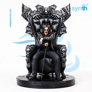 May include: A black figurine of a person seated on a gothic throne. The throne has bat wing and skull details. The person is wearing sunglasses, a black jacket, and holding a cane. The word "synth" is visible in the upper right corner.
