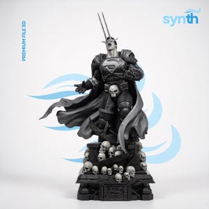 May include: A black and white Superman statue with a cape, skull belt, and a crown-like headpiece. The statue stands on a base adorned with skulls and the Superman logo. The image includes the text "PREMIUM FILE 3D" and the word "synth".