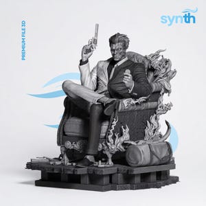 May include: A monochrome statue of the Two-Face character from Batman, seated in a detailed chair. He holds a gun and a coin, with a duffel bag and flames on the base. The text "PREMIUM FILE 3D" and "synth" are visible.