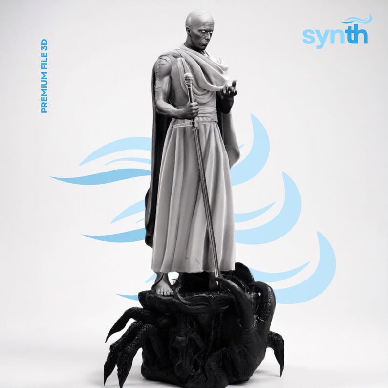 May include: A grayscale 3D-printed statue of a bald figure in flowing robes, holding a staff. The figure stands atop a dark, textured base. The image includes the text "PREMIUM FILE 3D" and the word "synth".