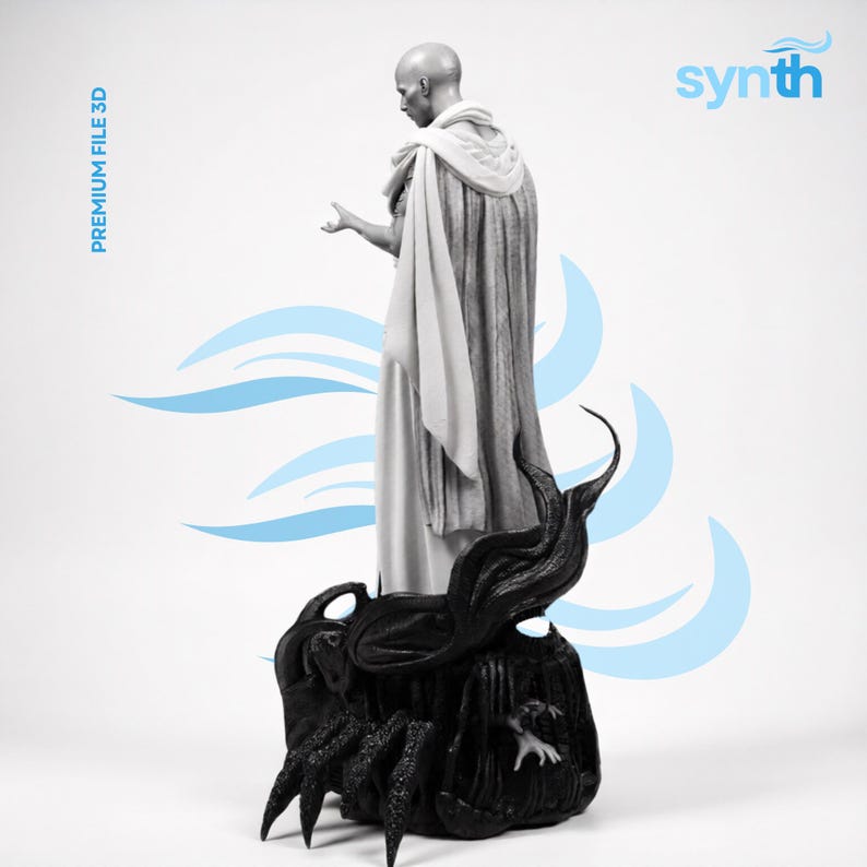 May include: A grayscale 3D-printed statue of a robed figure standing atop a dark, textured base with spider-like legs. The figure is bald and draped in flowing fabric. The word "synth" is in the upper right corner, and "PREMIUM FILE 3D" is on the left.