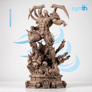 May include: A detailed brown sculpture of a demonic figure with large horns and wings, standing atop a base with skulls and flames. The sculpture has intricate details and is labeled "PREMIUM FILE 3D" and "synth".