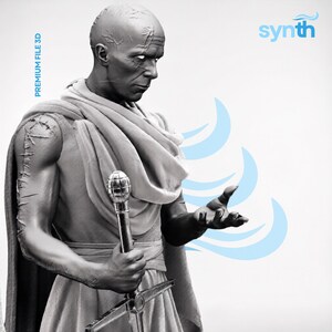 May include: A grayscale 3D render of a bald figure in a draped garment, holding a sword and a mace. The figure has scars and a stern expression. The text "PREMIUM FILE 3D" is on the left, and "synth" is on the right.
