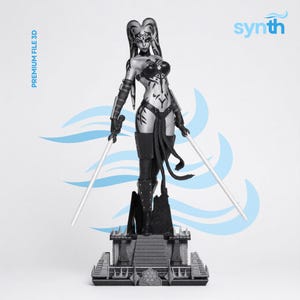 May include: A black and white figurine of a Twi'lek warrior standing on a tiered base, holding two long, thin blades. The figure features intricate body markings, head tails, and armour. The text "PREMIUM FILE 3D" and "synth" appear in blue.