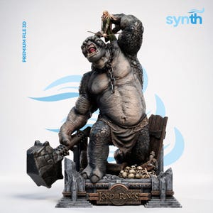 May include: A detailed 3D-printed statue depicting a scene from "The Lord of the Rings." It features a large, gray troll holding a mallet, with a small figure on its head. The base includes skulls and the movie's logo. The statue is labeled "Premium File 3D."