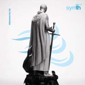 May include: A grayscale 3D-printed figurine of a robed figure holding a sword, standing on a rocky base with a snake. The figure is turned away from the viewer, with a flowing cape and hood. The text "PREMIUM FILE 3D" is on the left.